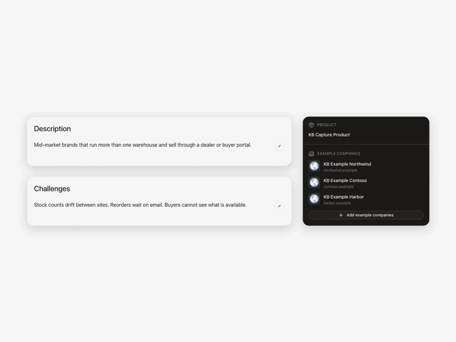 Use case: crm from icp An ideal customer profile in Growf with description, challenges, linked product and example companies