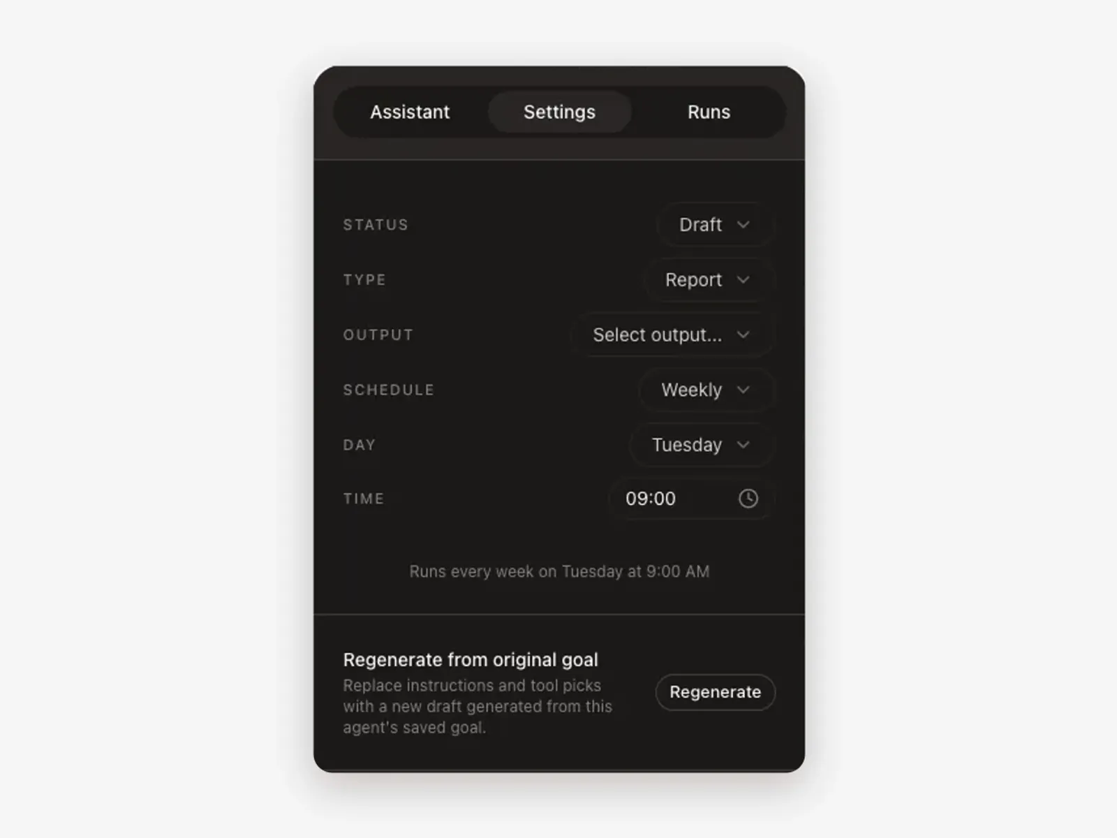 Use case: night shift client stack Growf agent settings: a weekly report that runs every Tuesday at 9:00 AM
