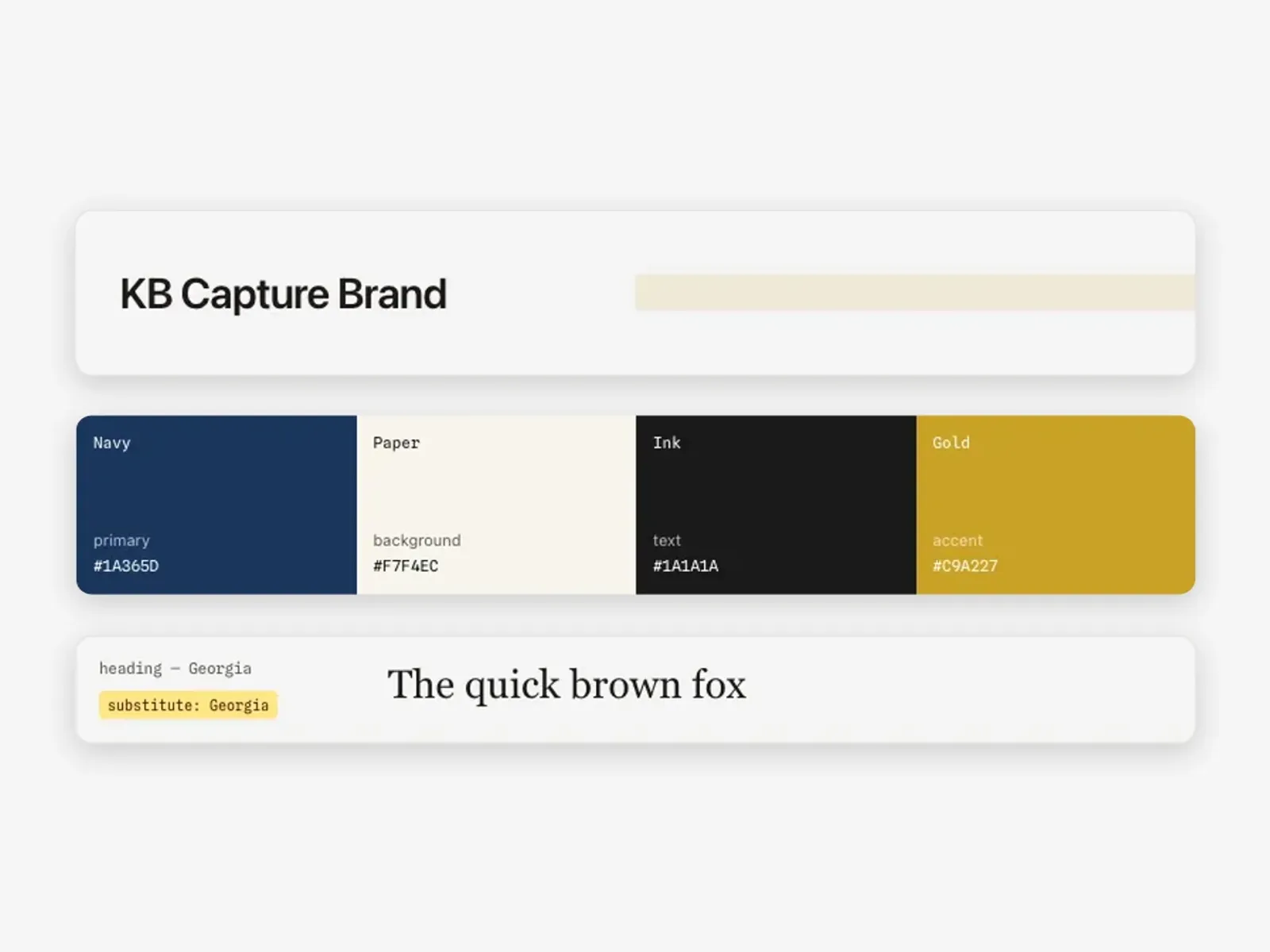 Use case: design studio A brand design system in Growf: brand header, colour palette with hex codes and heading typography
