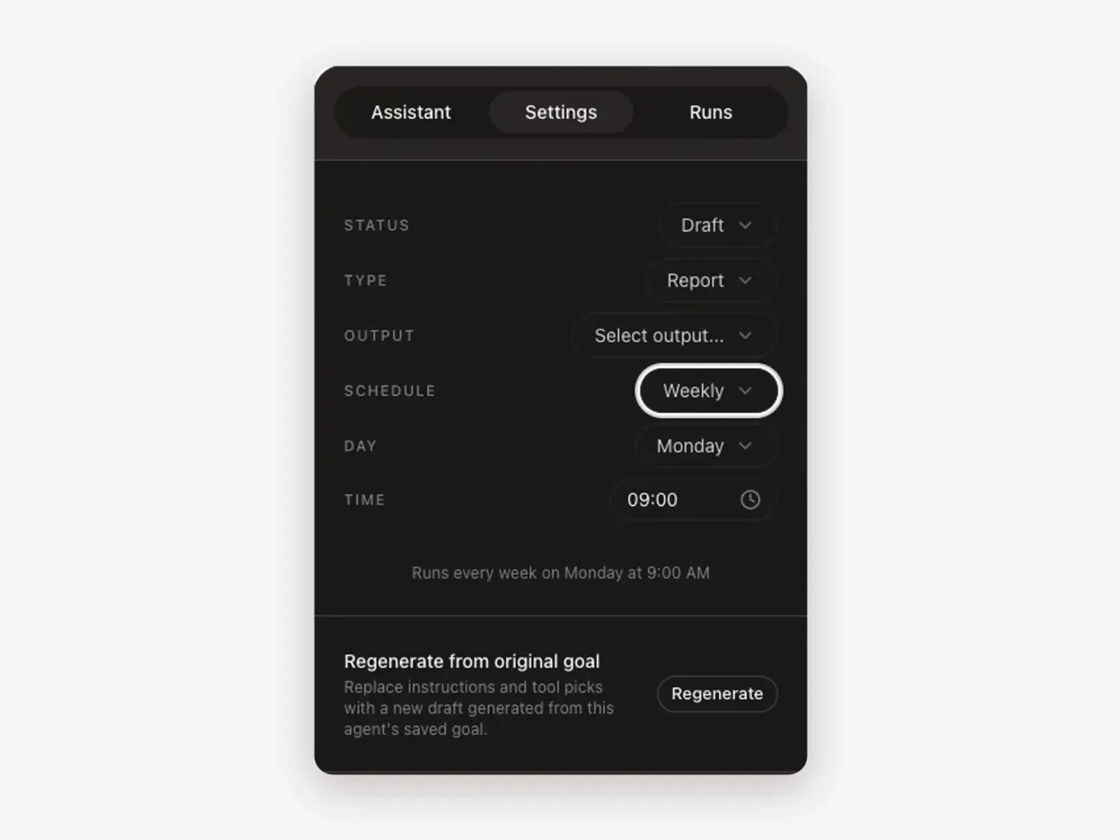 Use case: night shift Growf agent settings with a weekly schedule: runs every week on Monday at 9:00 AM