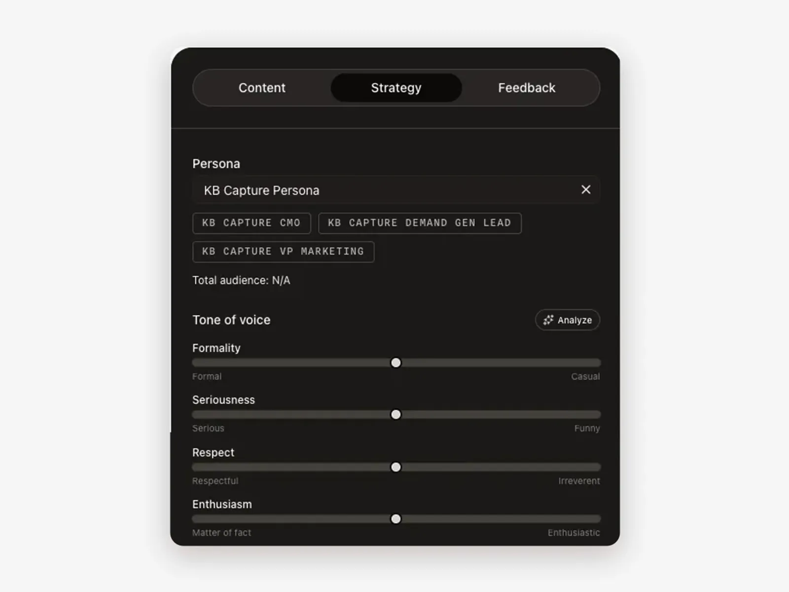 Use case: strategy executes itself The Strategy panel of a Growf content draft with the client persona and tone of voice
