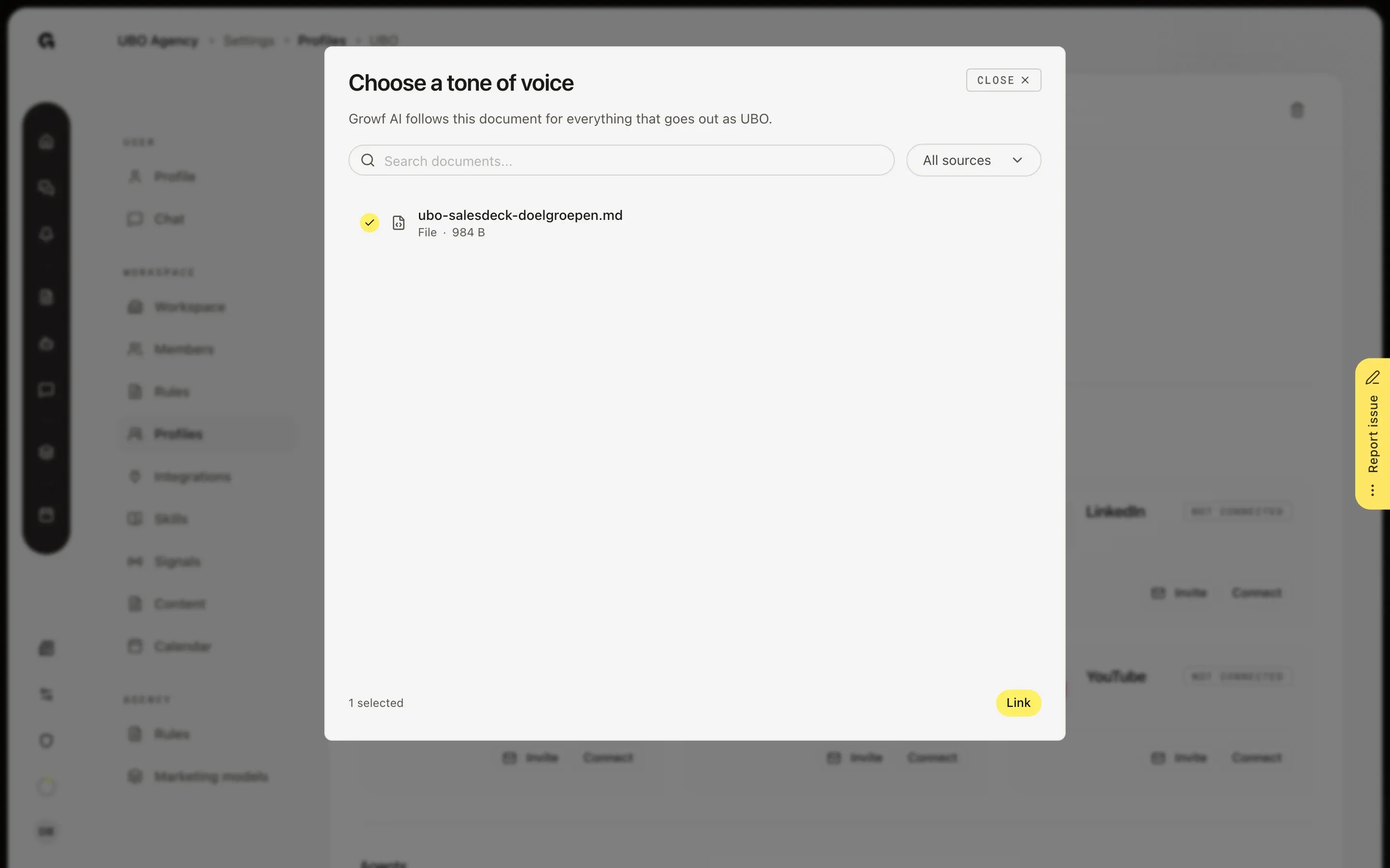 Or link a document from Knowledge – Give a profile its own tone of voice