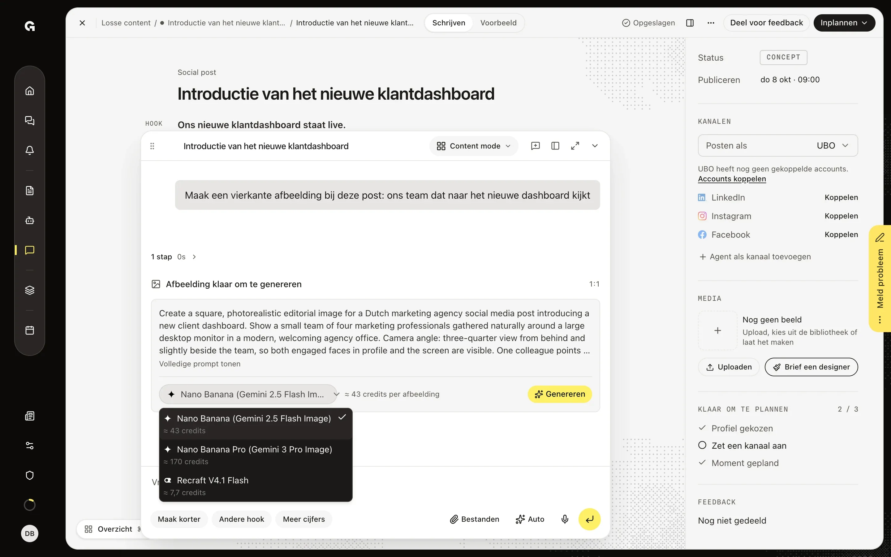 Kies een model en klik op Genereren – Maak beeld bij een post met AI