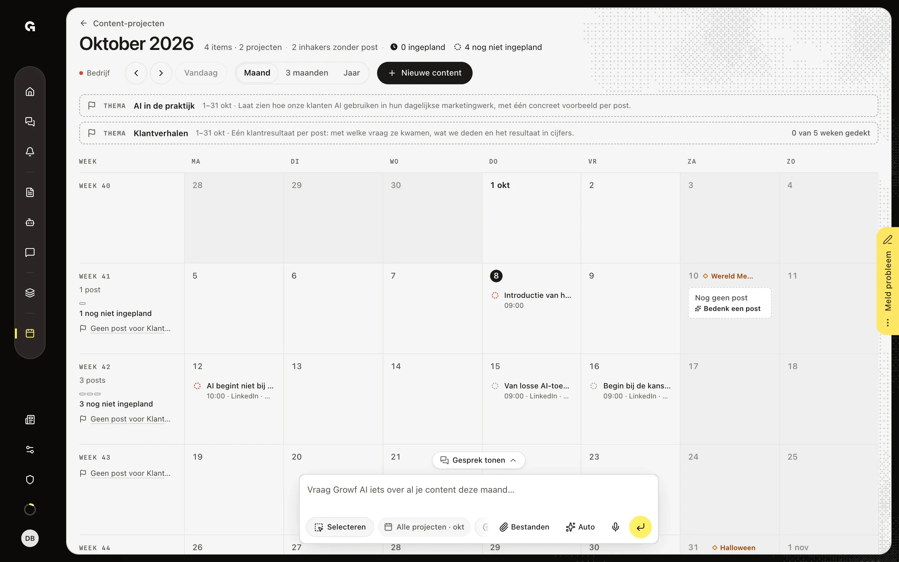 Zie welke weken nog een post nodig hebben – Zet een thema in de kalender