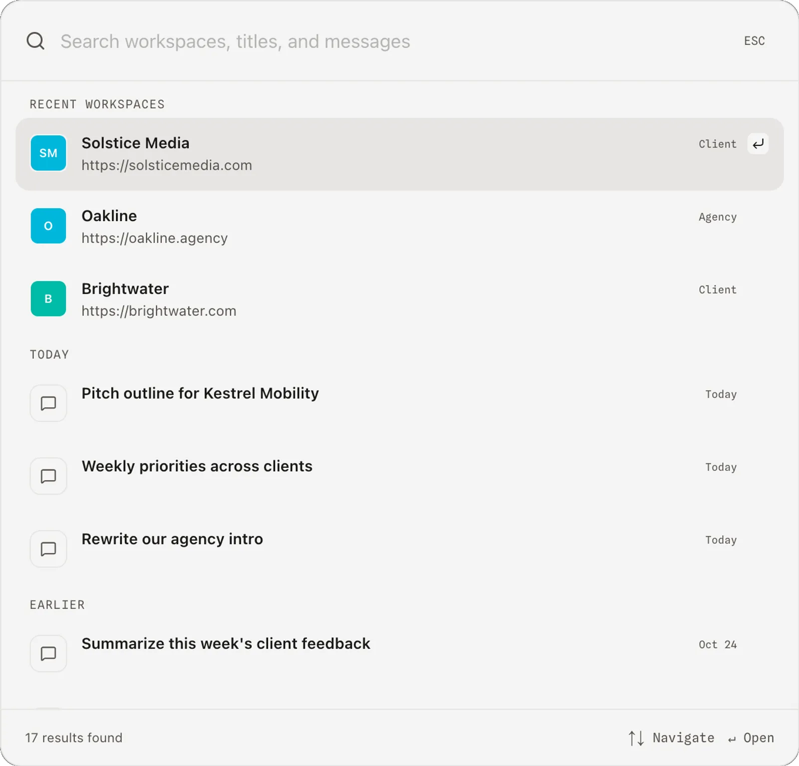 Personal workspace · Search