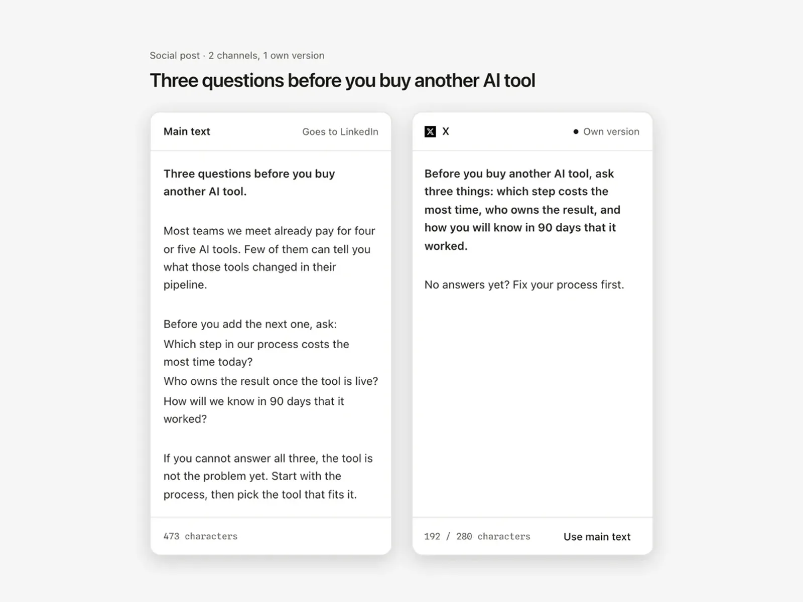 One social post in Growf with the main text, the LinkedIn version and a shorter X version side by side