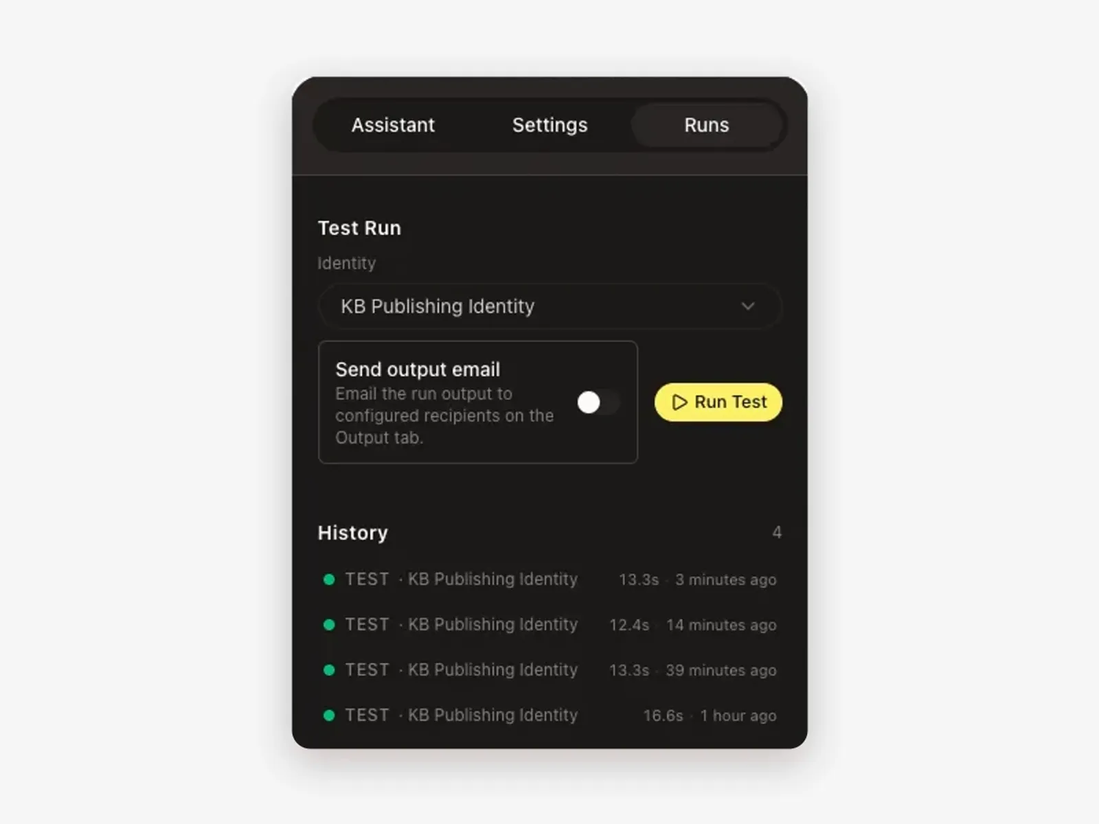 The Runs panel of a Growf agent with a test run and the history of completed runs