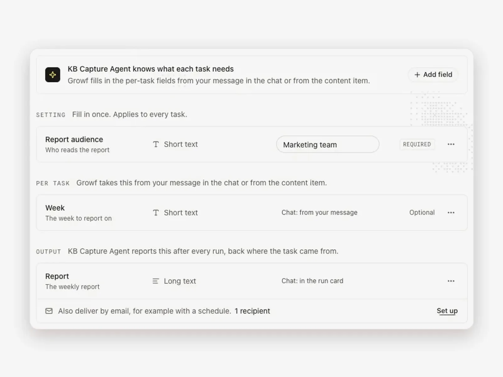 A Growf reporting agent that writes the weekly report for the marketing team and delivers it by email